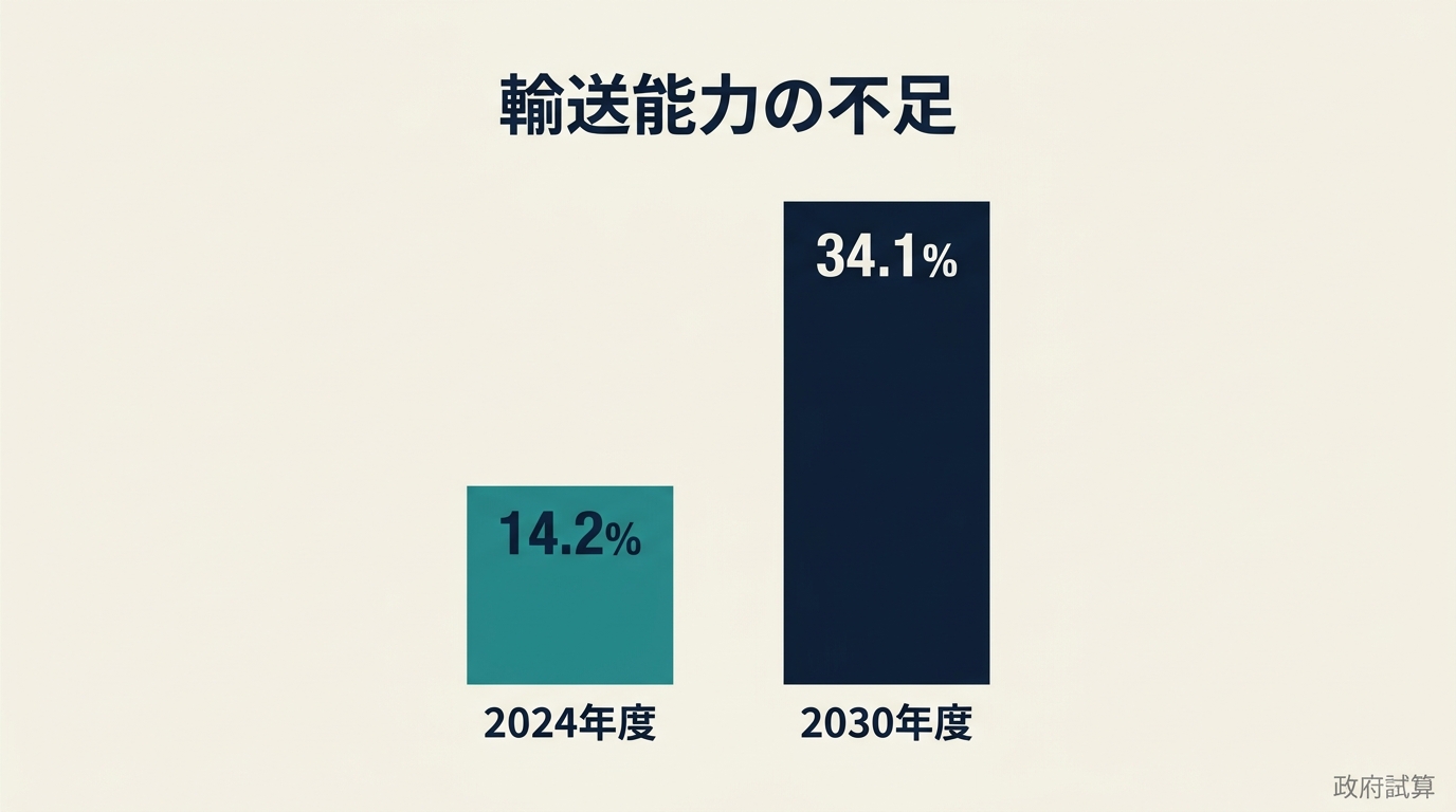 対策を講じない場合の営業用トラック輸送能力の不足率 2024年度14.2%から2030年度34.1%への拡大
