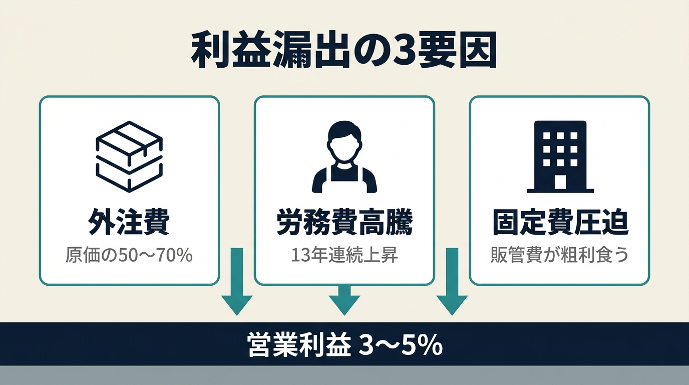 建設業の利益を押し下げる3つの構造的コストの図解
